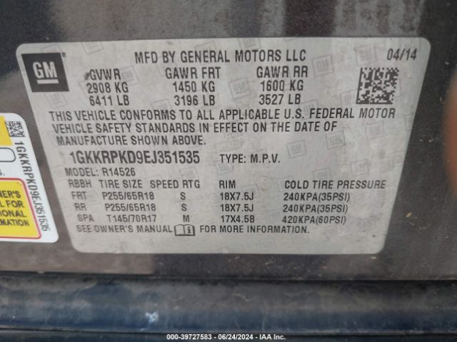 1GKKRPKD9EJ351535 GMC Acadia Sle-2