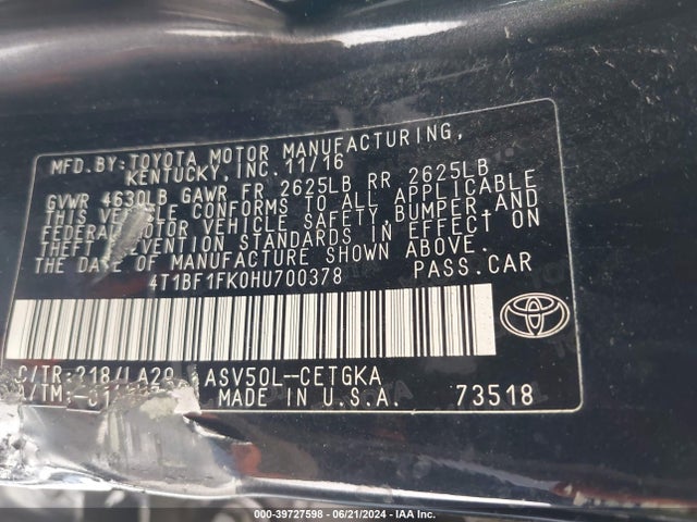 Toyota CAMRY XLE 2017 4T1BF1FK0HU700378 Image 9