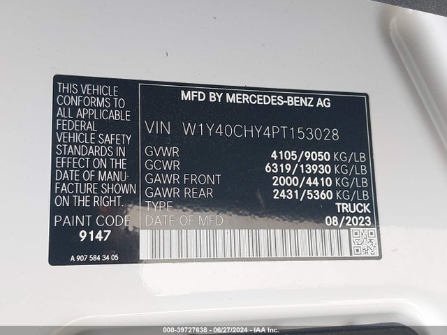 Aukcja sprzedaży 2023 Mercedes-benz Sprinter 2500 High Roof 4-cyl Gas, vin: W1Y40CHY4PT153028, numer aukcji: 39727638