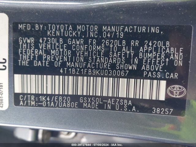 4T1BZ1FB9KU030067 Toyota Avalon Touring