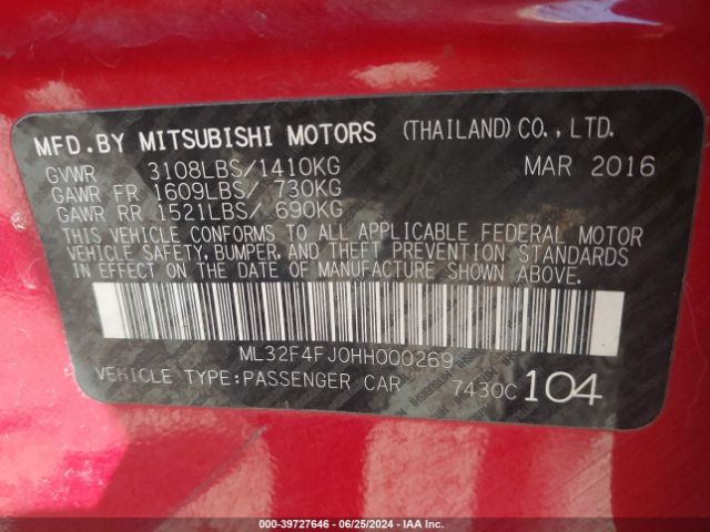 ML32F4FJ0HH000269 Mitsubishi Mirage G4 Se
