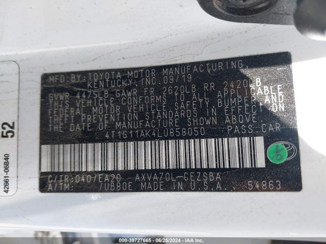 Toyota CAMRY SE 2020 4T1G11AK4LU858050 Image 9