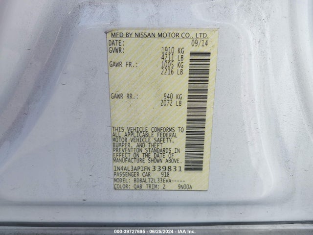 Nissan Altima 2.5 Sl 2015 1N4AL3AP1FN339831 Image 9
