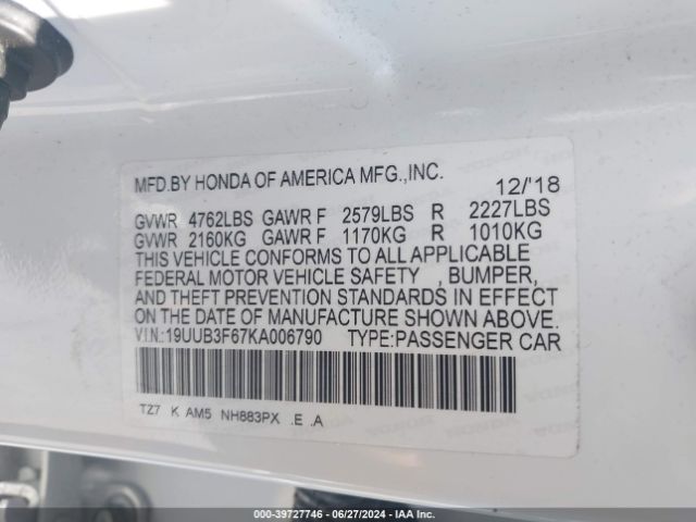 19UUB3F67KA006790 Acura Tlx Tech   A-spec Pkgs