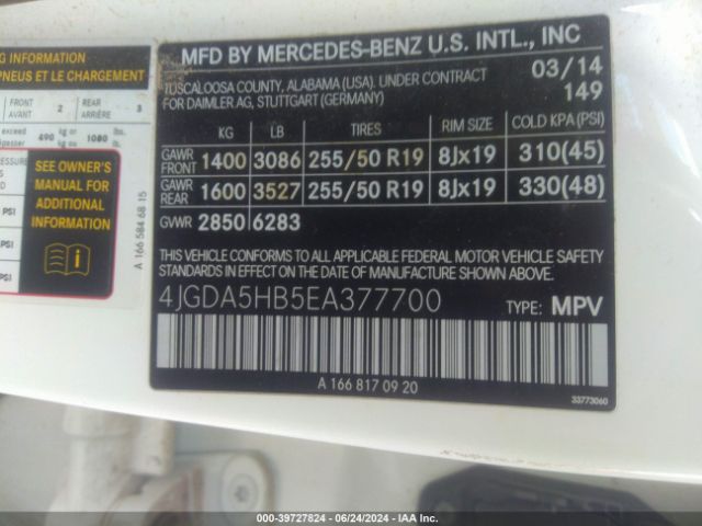 4JGDA5HB5EA377700 Mercedes-Benz Ml 350 4matic