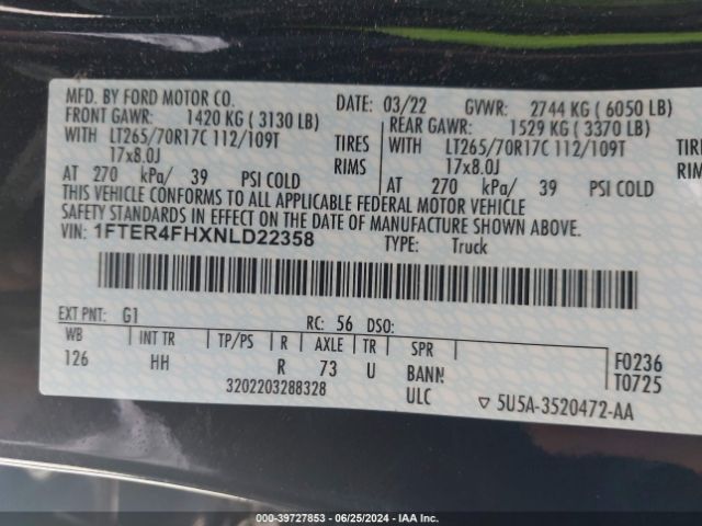 1FTER4FHXNLD22358 Ford Ranger Lariat