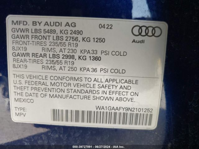 WA1GAAFY9N2101252 Audi Q5 Premium 45 Tfsi S Line Quattro S Tronic
