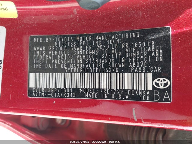 Toyota COROLLA LE 2014 5YFBURHE0EP035376 Image 9