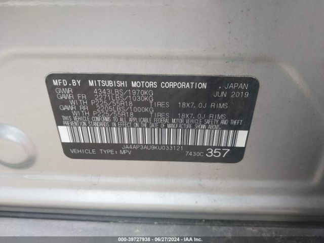JA4AP3AU9KU033121 Mitsubishi Outlander Sport 2.0 Es