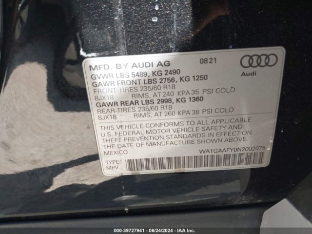 WA1GAAFY0N2002075 Audi Q5 Premium 45 Tfsi S Line Quattro S Tronic