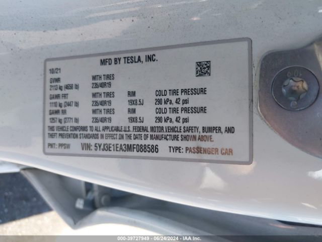 5YJ3E1EA3MF088586 Tesla Model 3 Standard Range Plus Rear-wheel Drive