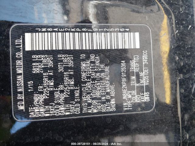 JN8AE2KP8F9125364 Nissan Quest Platinum/s/sl/sv