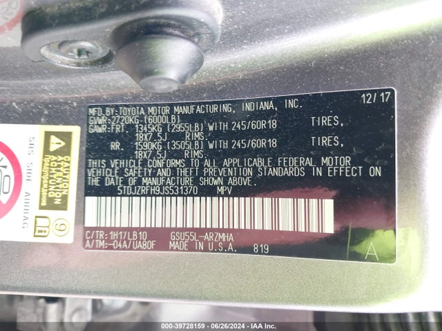 Toyota Highlander Xle 2018 5TDJZRFH9JS531370 Image 9