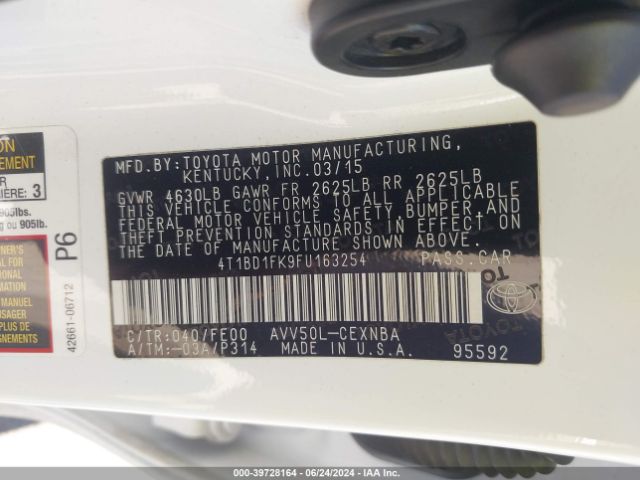 4T1BD1FK9FU163254 Toyota Camry Hybrid Le