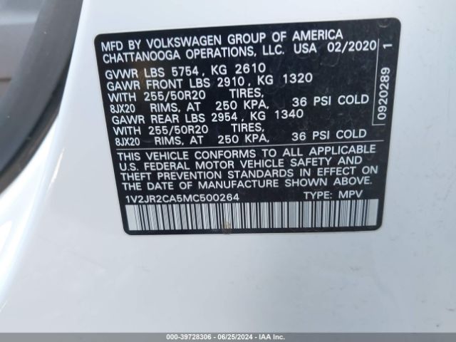 1V2JR2CA5MC500264 Volkswagen Atlas 3.6l V6 Se W/technology