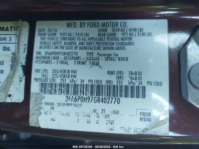 Ford FUSION SE 2016 3FA6P0H97GR402770 Image 9
