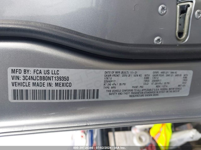 3C4NJCBB0NT139350 Jeep Compass Latitude Fwd