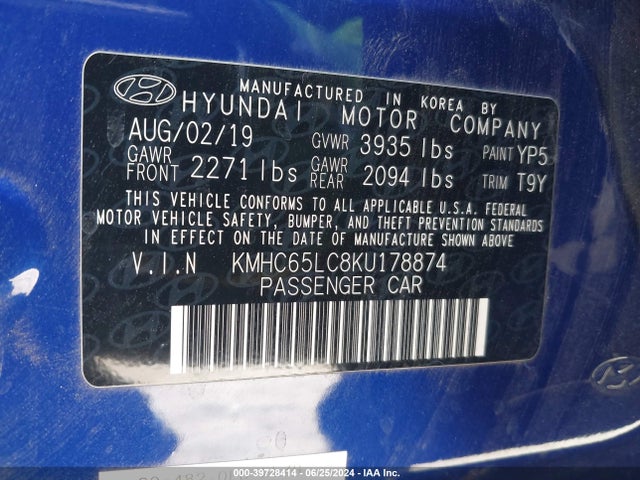 Aukcja sprzedaży 2019 Hyundai Ioniq Hybrid Blue, vin: KMHC65LC8KU178874, numer aukcji: 39728414