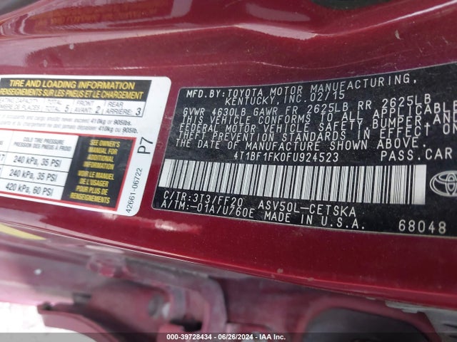 Toyota CAMRY SE 2015 4T1BF1FK0FU924523 Image 9