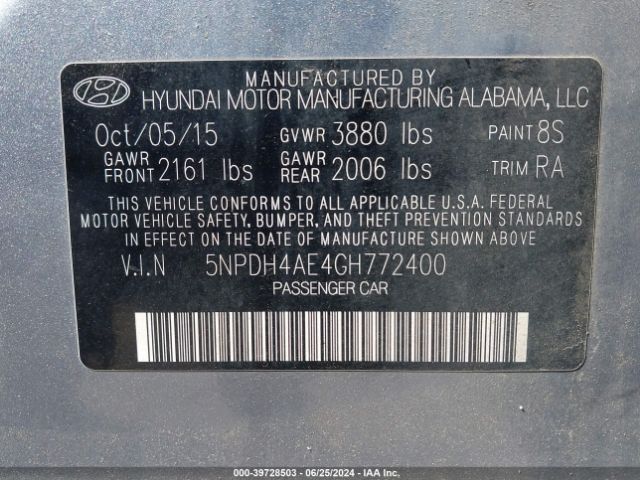 5NPDH4AE4GH772400 Hyundai ELANTRA SE