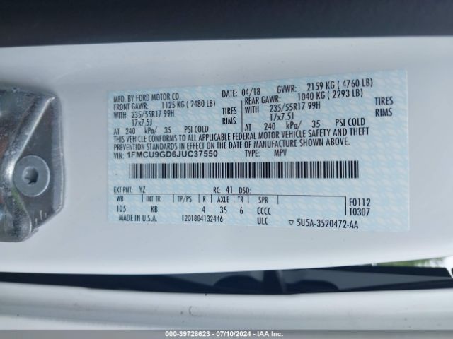 1FMCU9GD6JUC37550 Ford ESCAPE SE