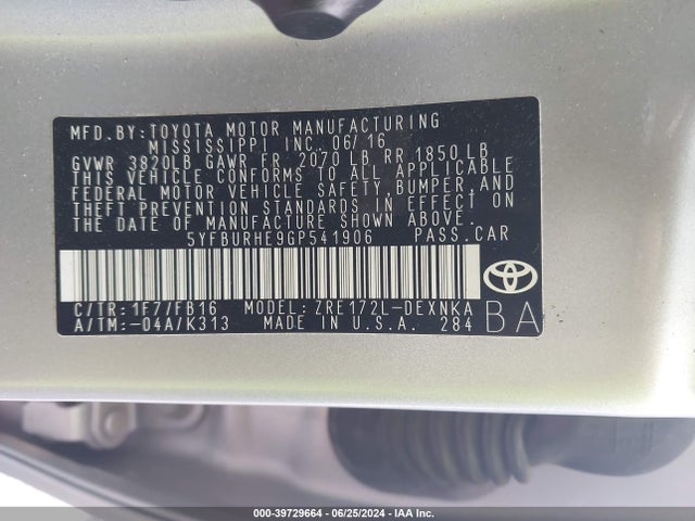 Toyota COROLLA LE 2016 5YFBURHE9GP541906 Image 9