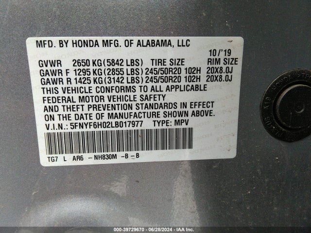 Honda Pilot Awd Elite 2020 5FNYF6H02LB017977 Image 9
