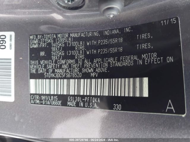 5TDYK3DC5FS676520 Toyota Sienna Limited 7 Passenger