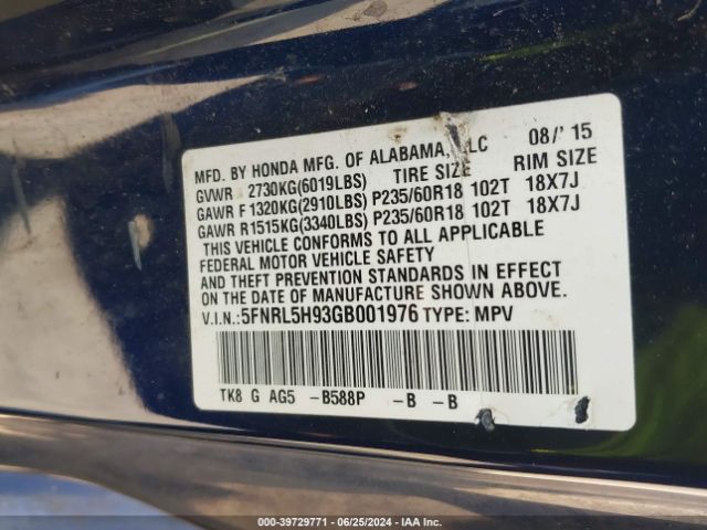 5FNRL5H93GB001976 Honda Odyssey Touring/touring Elite