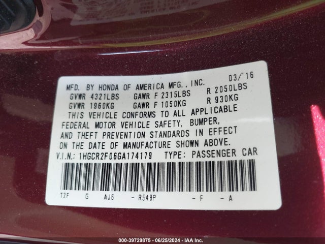Honda ACCORD EX 2016 1HGCR2F06GA174179 Image 9