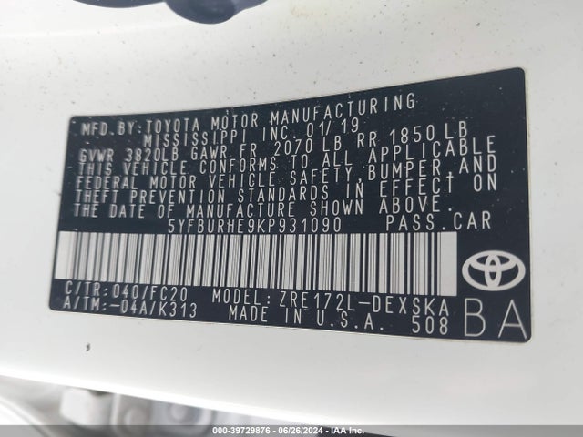 Toyota COROLLA SE 2019 5YFBURHE9KP931090 Image 9