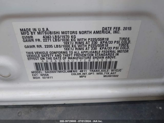 4A4AR3AU7FE025933 Mitsubishi Outlander Sport Es