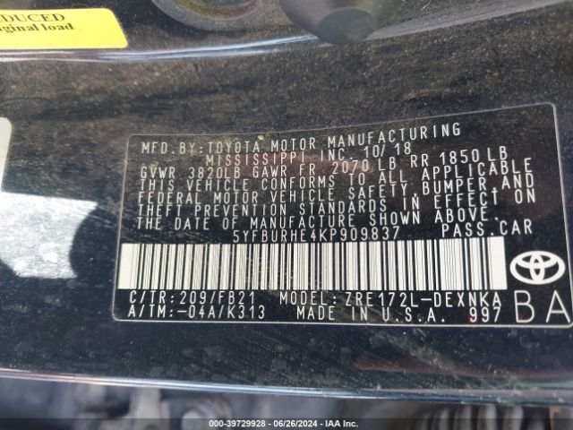 5YFBURHE4KP909837 Toyota COROLLA LE