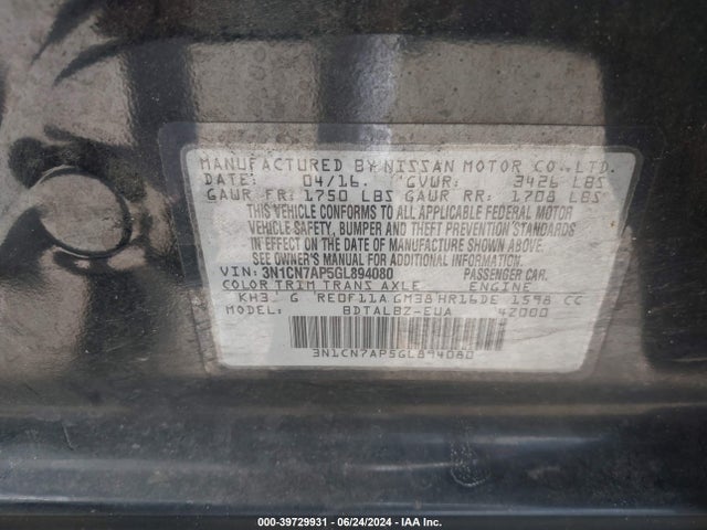 Nissan Versa 1.6 Sv 2016 3N1CN7AP5GL894080 Image 9