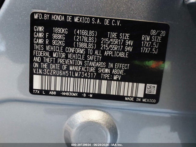 Honda Hr-v Awd Ex 2020 3CZRU6H51LM734317 Image 9