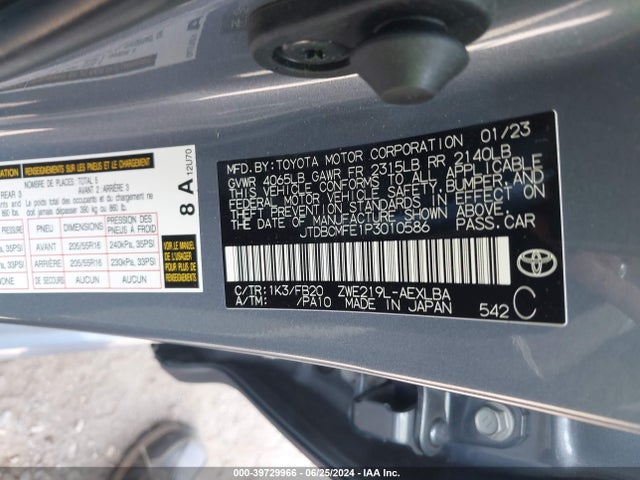 JTDBCMFE1P3010586 Toyota Corolla Hybrid Le