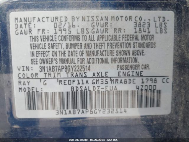 3N1AB7AP8GY232514 Nissan Sentra Fe+ S/s/sl/sr/sv