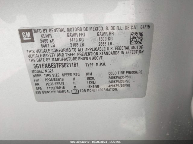 3GYFNBE37FS621161 Cadillac Srx Luxury Collection