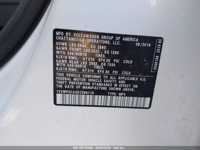 1V2WP2CAXKC598118 Volkswagen Atlas 2.0t Se W/technology