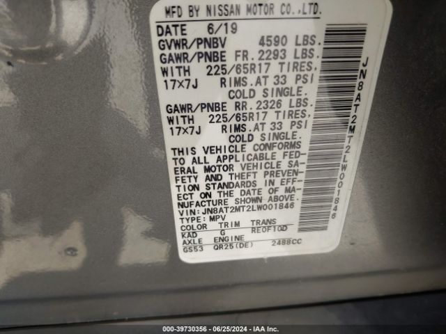 JN8AT2MT2LW001846 Nissan Rogue S Fwd
