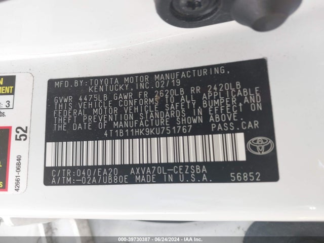 Toyota CAMRY SE 2019 4T1B11HK9KU751767 Image 9