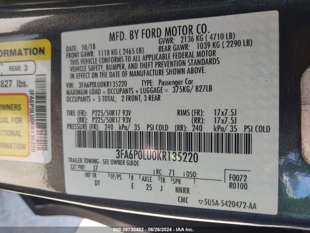 Ford Fusion Hybrid Se 2019 3FA6P0LU0KR135220 Image 9