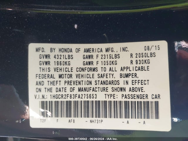 Honda Accord Ex-l 2015 1HGCR2F83FA275653 Image 9