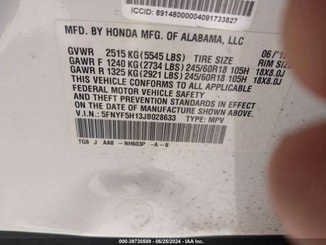 5FNYF5H13JB028633 Honda PILOT LX