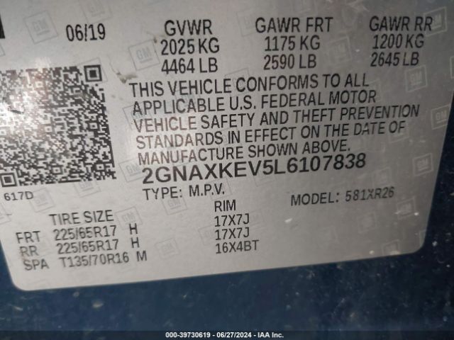 2GNAXKEV5L6107838 Chevrolet Equinox Fwd Lt 1.5l Turbo
