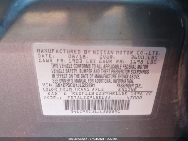 3N1CP5CU1JL522891 Nissan KICKS SV
