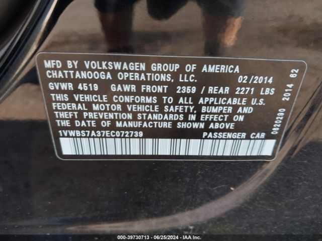 1VWBS7A37EC072739 Volkswagen Passat 1.8t Se