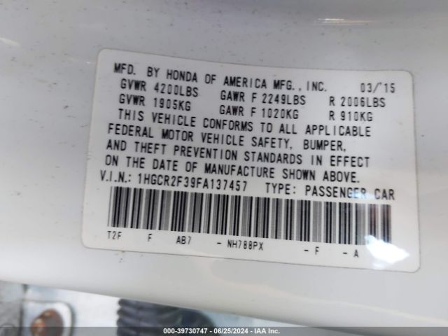 1HGCR2F39FA137457 Honda ACCORD LX