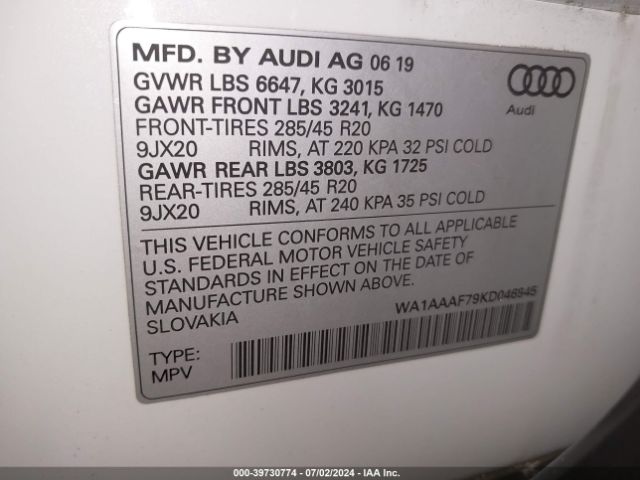 WA1AAAF79KD046945 Audi Q7 55 Premium/55 Se Premium