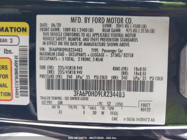 3FA6P0HD9LR234483 Ford FUSION SE
